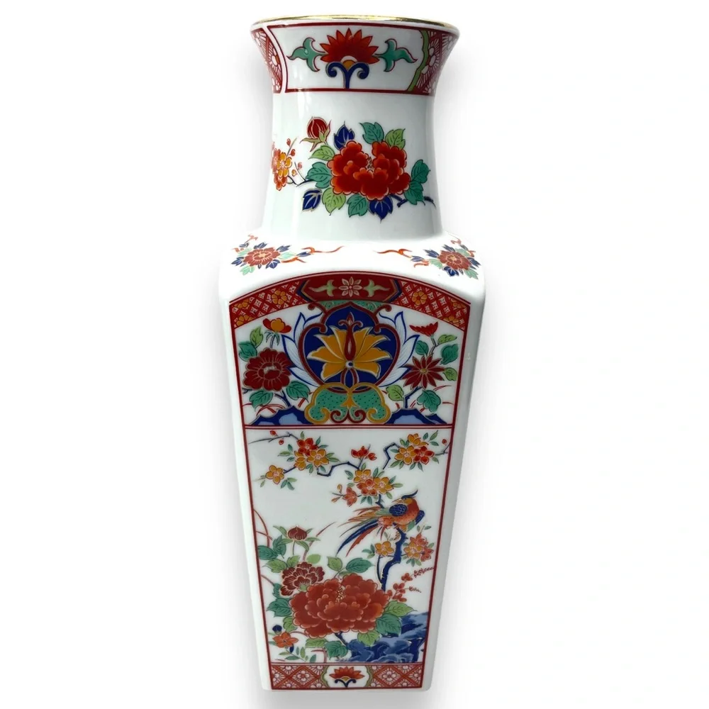 Japanese Imari Square Vase w/ Chrysanthemum & Pheasant Gold Rim 10